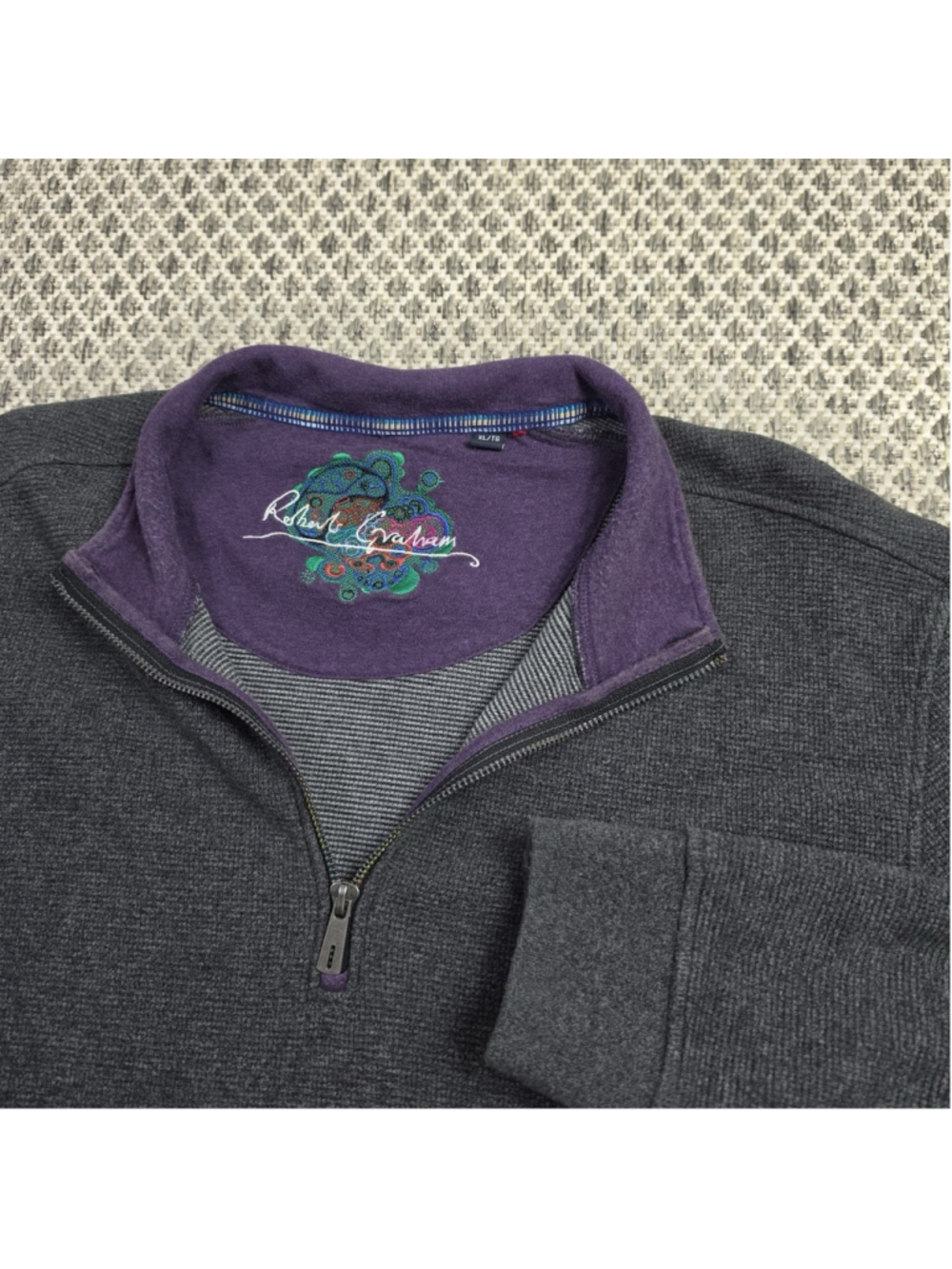 Robert Graham Mens XL Gray Purple 1/4 Zip Pullover Knit Sweater Casual Top